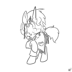 Size: 1000x1000 | Tagged: safe, artist:star, oc, oc only, oc:high tide, oc:river wave, pony, unicorn, black and white, clothes, coat, eyepatch, female, horn, mare, pirate, raised hoof, raised leg, rule 63, simple background, solo, white background