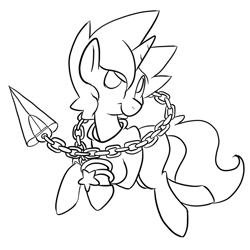 Size: 700x700 | Tagged: safe, artist:star, oc, oc only, oc:star, pony, unicorn, black and white, chain, clothes, hoodie, horn, male, simple background, solo, stallion, weapon, white background