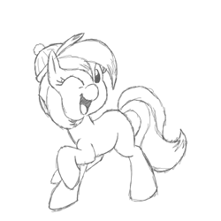 Size: 700x700 | Tagged: safe, artist:star, oc, oc only, oc:eternal blizzard, earth pony, pony, black and white, cap, female, looking at you, mare, one eye closed, open mouth, raised hoof, raised leg, simple background, solo, white background, wink