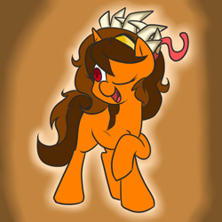 Size: 900x900 | Tagged: safe, artist:star, oc, oc only, oc:orange burst, pony, unicorn, female, horn, mare, one eye closed, open mouth, raised hoof, raised leg, skullgirls, solo, wink