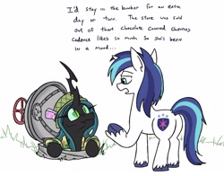 Size: 1247x979 | Tagged: safe, artist:jargon scott, queen chrysalis, shining armor, changeling, changeling queen, pony, unicorn, bunker, butt, candy hearts, dialogue, duo, fallout shelter, fangs, female, helmet, implied princess cadance, lidded eyes, looking at each other, looking down, male, open mouth, plot, raised hoof, raised leg, simple background, stallion, underhoof, vault, white background