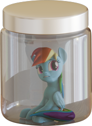 Size: 1771x2408 | Tagged: safe, artist:creatorofpony, artist:xppp1n, rainbow dash, pegasus, pony, 3d, blender, blender cycles, blue coat, cum jar, female, lewd container meme, mare, multicolored mane, multicolored tail, sitting, solo, wings