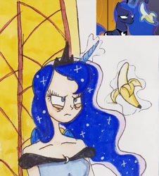 Size: 539x596 | Tagged: safe, artist:lunaart, derpibooru import, screencap, princess luna, alicorn, human, pony, a royal problem, alicorn humanization, bags under eyes, banana, bare shoulders, breasts, cleavage, cute, female, food, glowing horn, horn, horned humanization, humanized, luna is not amused, lunabetes, magic, magic aura, scene interpretation, solo, unamused, winged humanization, wings