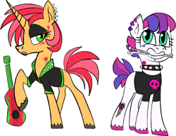 Size: 895x695 | Tagged: safe, artist:northernlightsone, derpibooru import, oc, oc only, oc:drum belle, oc:rocka belle, earth pony, pony, unicorn, blank flank, choker, clothes, drumsticks, duo, ear piercing, earring, eyeshadow, female, grin, guitar, icey-verse, jacket, jewelry, leather jacket, lip piercing, magical lesbian spawn, makeup, mare, mouth hold, multicolored hair, musical instrument, offspring, open mouth, parent:babs seed, parent:sweetie belle, parents:babsbelle, piercing, raised hoof, raised leg, shirt, siblings, simple background, sisters, skull, smiling, spiked choker, t-shirt, tattoo, unshorn fetlocks, white background