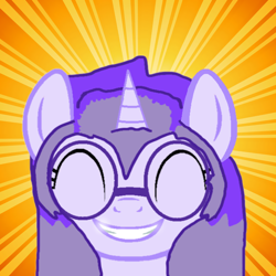 Size: 1252x1252 | Tagged: safe, artist:katliynrusshia, artist:mellow91, derpibooru import, oc, oc only, oc:glass sight, pony, unicorn, bust, cute, eyes closed, female, glasses, grin, happy, mare, ocbetes, portrait, shine, shiny, smiling, sunburst background