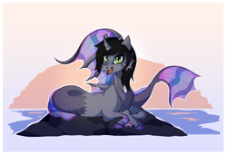 Size: 2826x1936 | Tagged: safe, artist:aureai, derpibooru import, pony, siren, cloven hooves, commission, crossed hooves, curved horn, fangs, fins, fish tail, happy, horn, kellin quinn, looking at you, lying down, ocean, open mouth, ponified, prone, rock, scales, signature, solo, sunset, water