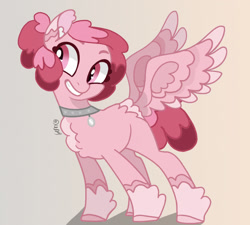 Size: 1805x1628 | Tagged: safe, artist:caramelbolt24, derpibooru import, oc, oc only, pegasus, pony, chest fluff, choker, grin, hoof fluff, pegasus oc, signature, smiling, solo, wings