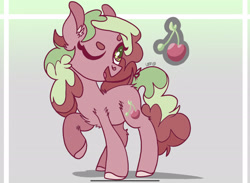 Size: 2275x1668 | Tagged: safe, artist:caramelbolt24, derpibooru import, oc, oc only, oc:cherry pop, earth pony, pony, cherry, chest fluff, colored hooves, earth pony oc, female, food, magical lesbian spawn, mare, offspring, one eye closed, parent:applejack, parent:pinkie pie, parents:applepie, raised hoof, raised leg, signature, solo, wink