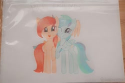 Size: 891x595 | Tagged: safe, artist:lillycloudart, derpibooru import, oc, oc only, oc:lily cloud, pegasus, pony, duo, female, hug, jewelry, mare, necklace, one eye closed, open mouth, pegasus oc, smiling, solo, traditional art, winghug, wings, wink