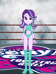 Size: 1340x1765 | Tagged: safe, artist:invisibleink, derpibooru import, starlight glimmer, equestria girls, breasts, clothes, cutie mark, elbow pads, knee pads, looking at you, sports, sports bra, sports panties, wrestler, wrestling, wrestling ring