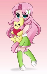 Size: 2589x4096 | Tagged: safe, artist:kittyrosie, derpibooru import, fluttershy, equestria girls, blushing, butterfly hairpin, clothes, cute, daaaaaaaaaaaw, digital art, female, heart, human coloration, looking at you, plushie, shy, shyabetes, signature, weapons-grade cute