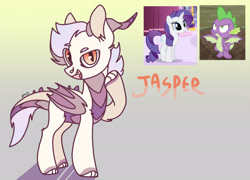 Size: 2257x1628 | Tagged: safe, artist:caramelbolt24, derpibooru import, rarity, spike, oc, oc:jasper, dracony, dragon, hybrid, pony, unicorn, claw hooves, dragon wings, female, gradient background, horns, interspecies offspring, male, offspring, parent:rarity, parent:spike, parents:sparity, screencap reference, shipping, sparity, straight, winged spike, wings