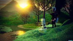 Size: 2560x1439 | Tagged: safe, artist:whackysquire, derpibooru import, oc, oc:arctic flurry, oc:prism bolt, anthro, clothes, grass, hill, river, scenery, sitting, standing, tree, water