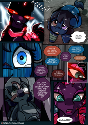 Size: 2480x3508 | Tagged: safe, artist:dsana, derpibooru import, fizzlepop berrytwist, tempest shadow, oc, oc:lullaby dusk, pegasus, pony, unicorn, comic:a storm's lullaby, armor, bandaged leg, comic, corrupted, crying, crystal armor, dark magic, female, filly, flashback, glowing eyes, magic, mare, muzzle, realization, scar, shivering, teary eyes