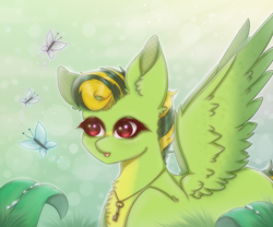 Size: 1200x1000 | Tagged: artist needed, safe, derpibooru import, oc, oc only, butterfly, pegasus, pony, green background, key, leaf, red eyes, simple background, solo, summer, sun