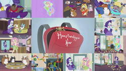 Size: 1964x1105 | Tagged: safe, derpibooru import, edit, edited screencap, editor:quoterific, screencap, fluttershy, rarity, cat, dog, hamster, human, hamstocalypse now, backpack, duo, duo female, female, mitsy, musical instrument, open mouth, ponied up, solo, tambourine, trio, wings