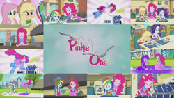 Size: 1964x1105 | Tagged: safe, derpibooru import, edit, edited screencap, editor:quoterific, screencap, applejack, fluttershy, pinkie pie, rainbow dash, rarity, equestria girls, pinkie on the one, applejack is not amused, applejack's hat, bowl, clothes, cowboy hat, drums, duo, duo female, eyes closed, female, hat, humane five, musical instrument, open mouth, ponied up, rainbow dash is not amused, spoon, teeth, trio, trio female, unamused