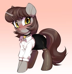 Size: 1242x1280 | Tagged: safe, artist:vensual99, derpibooru import, oc, oc only, oc:silver bubbles, pony, unicorn, blouse, blushing, choker, clothes, crossdressing, femboy, gradient background, heart necklace, male, pencil skirt, secretary, short skirt, shy, shy smile, skirt, smiling, socks, thigh highs