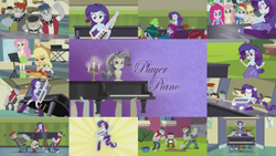 Size: 1972x1111 | Tagged: safe, derpibooru import, edit, edited screencap, editor:quoterific, screencap, applejack, captain planet, cherry crash, crimson napalm, fido, fluttershy, heath burns, indigo wreath, mystery mint, pinkie pie, rainbow dash, rarity, rose heart, rover, sandalwood, spot, thunderbass, equestria girls, player piano, duo, duo female, eyes closed, female, humane five, keytar, male, messy hair, musical instrument, open mouth, piano, ponied up, teeth, trio, trio male