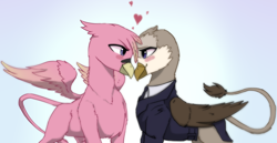 Size: 2350x1214 | Tagged: safe, artist:freyatokage, derpibooru import, oc, oc:gabriela eagleclaw, oc:hera eichberg, griffon, equestria at war mod, clothes, colored wings, colored wingtips, female, griffon oc, heart, implied lesbian, shipping, simple background, suit, wings