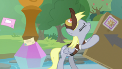 Size: 1920x1080 | Tagged: safe, derpibooru import, screencap, derpy hooves, pegasus, pony, the point of no return, bipedal, eyes closed, female, hat, mailmare, mailmare hat, mailmare uniform, mare, package, pushing, solo