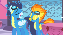 Size: 1920x1080 | Tagged: safe, derpibooru import, screencap, soarin', spitfire, pegasus, pony, the best night ever, clothes, duo, eyes closed, female, goggles, male, mare, open mouth, stallion, uniform, wonderbolts uniform