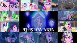 Size: 1978x1113 | Tagged: safe, derpibooru import, edit, edited screencap, editor:quoterific, screencap, princess cadance, queen chrysalis, shining armor, twilight sparkle, unicorn twilight, alicorn, pony, unicorn, a canterlot wedding, cart, clone, clothes, crying, disguise, disguised changeling, dress, duo, duo female, evil, eyes closed, fake cadance, female, flying, glowing horn, gritted teeth, horn, magic, magic aura, male, nose in the air, open mouth, running, singing, solo, song, teeth, this day aria, wedding dress