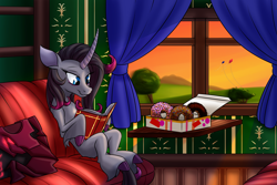 Size: 2400x1600 | Tagged: safe, artist:redahfuhrerking, derpibooru import, oleander, classical unicorn, unicorn, them's fightin' herds, book, box, chair, cloven hooves, community related, curtains, cute, donut, female, food, grass, kite, leonine tail, mare, solo, table, train, tree, unicornomicon, unshorn fetlocks