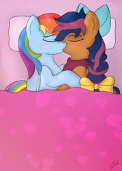 Size: 732x1028 | Tagged: safe, artist:limedreaming, derpibooru import, rainbow dash, oc, oc:solar comet, pegasus, pony, ambiguous gender, bed, bow, braid, canon x oc, eyes closed, female, freckles, hair bow, in bed, kissing, mare, pillow, shipping, under covers
