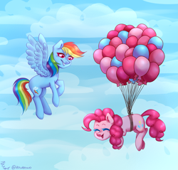 Size: 2963x2833 | Tagged: safe, artist:zowzowo, derpibooru import, pinkie pie, rainbow dash, earth pony, pegasus, pony, balloon, cute, female, floating, flying, lesbian, pinkiedash, shipping, then watch her balloons lift her up to the sky