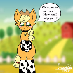 Size: 1950x1950 | Tagged: safe, artist:foxxo666, derpibooru import, applejack, earth pony, pony, apron, bell, bell collar, bipedal, blush sticker, blushing, clothes, collar, cowbell, cowprint, cute, dialogue, maid