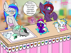 Size: 1000x750 | Tagged: safe, artist:foxxo666, derpibooru import, oc, oc:aeris strider, oc:charming dazz, oc:dostluk vasitasiyla harmony, oc:hooklined, oc:midnight magic, pony, unicorn, baby, caretaker, changing table, crying, cute, dialogue, diaper, female, filly, foal, levitation, magic, nursery, pacifier, telekinesis, wet diaper