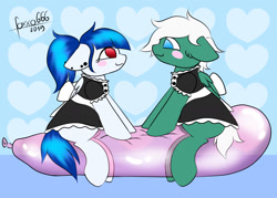 Size: 1400x1000 | Tagged: safe, artist:foxxo666, derpibooru import, oc, oc:cuddle cruise, oc:maudlin chagrin, balloon, balloon fetish, balloon sitting, clothes, couple, fetish, looking at each other, maid, play