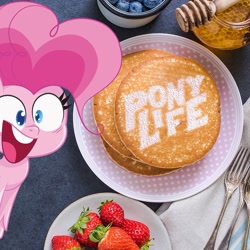 Size: 899x899 | Tagged: safe, derpibooru import, pinkie pie, earth pony, pony, my little pony: pony life, food, official, pancake day, pancakes, photo, solo, strawberry