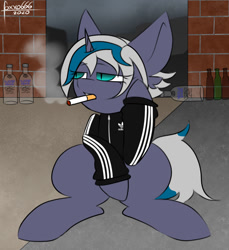 Size: 800x875 | Tagged: safe, artist:foxxo666, derpibooru import, oc, oc only, oc:elizabat stormfeather, pony, unicorn, adidas, alcohol, bored, bottle, ciggarette, commission, gopnik, not impressed, scenery, slav, smoke, smoking, squatting, tracksuit, vodka, ych result