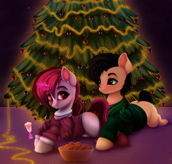 Size: 4072x3897 | Tagged: safe, artist:vetta, derpibooru import, oc, oc only, oc:judge, oc:vetta, earth pony, pony, unicorn, alcohol, blank flank, bowl, carpet, champagne, christmas, christmas lights, christmas tree, clothes, couple, earth pony oc, female, fruit, holiday, horn, looking at each other, looking at you, lying down, magic, male, mare, new years eve, ponytail, prone, smiling, socks, stallion, sweater, tangerine, telekinesis, tree, unicorn oc, wine