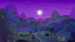 Size: 1280x720 | Tagged: safe, derpibooru import, screencap, the perfect pear, apple, apple tree, background, fence, hay bale, mare in the moon, moon, night, no pony, pear tree, scenic ponyville, sweet apple acres, tree