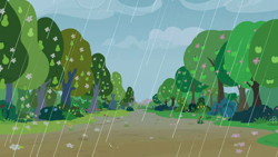Size: 1280x720 | Tagged: safe, derpibooru import, screencap, the perfect pear, background, cloud, no pony, pear tree, rain, scenic ponyville, tree