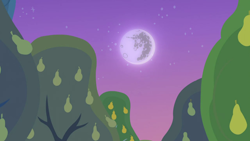 Size: 1280x720 | Tagged: safe, derpibooru import, screencap, the perfect pear, background, mare in the moon, moon, night, no pony, pear tree, scenic ponyville, tree