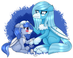 Size: 2447x1951 | Tagged: safe, artist:spokenmind93, derpibooru import, oc, oc:river tailwind, oc:sora melody, bat pony, hippogriff, hybrid, bandage, bat pony oc, blushing, comforting, crying, hippogriff oc, injured, looking up, motherly love, signature, simple background, transparent background