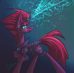 Size: 1133x1122 | Tagged: safe, artist:tu-kierownik, derpibooru import, tempest shadow, pony, unicorn, fullbody, happy, magic, simple background