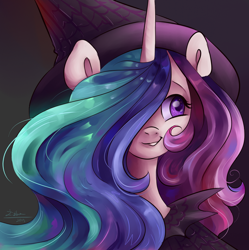 Size: 800x803 | Tagged: safe, artist:tu-kierownik, derpibooru import, princess celestia, alicorn, pony, bust, cute, cutelestia, female, hair over one eye, halloween, happy, hat, holiday, looking sideways, looking to side, mare, portrait, smiling, solo, witch, witch hat