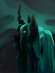 Size: 800x1057 | Tagged: safe, artist:tu-kierownik, derpibooru import, queen chrysalis, changeling, changeling queen, bust, dark background, female, green sclera, lidded eyes, long muzzle, portrait, slit eyes, solo