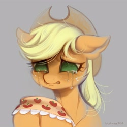 Size: 4000x4000 | Tagged: safe, artist:rrd-artist, derpibooru import, applejack, earth pony, pony, applejack's hat, clothes, cowboy hat, crying, feels, female, granny smith's shawl, gray background, hat, implied death, implied granny smith, no pupils, sad, simple background, solo, tears of sadness, teary eyes