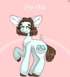 Size: 933x1024 | Tagged: safe, artist:lilith, derpibooru import, oc, oc only, earth pony, pony, abstract background, colored hooves, ears, earth pony oc, floppy ears, food, ice cream, signature, solo