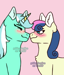 Size: 1200x1400 | Tagged: safe, artist:gxlds-doodles, derpibooru import, bon bon, lyra heartstrings, sweetie drops, blushing, female, lesbian, lyrabon, shipping