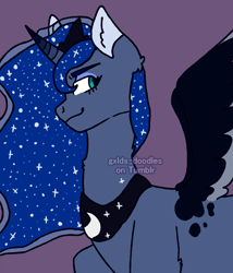 Size: 1200x1400 | Tagged: safe, artist:gxlds-doodles, derpibooru import, princess luna, alicorn, pony, crown, female, horn, jewelry, mare, purple background, regalia, simple background, smiling, spread wings, wings