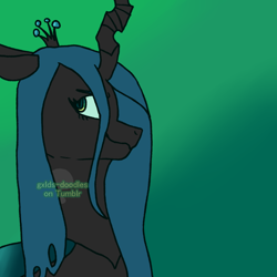 Size: 1280x1280 | Tagged: safe, artist:gxlds-doodles, derpibooru import, queen chrysalis, changeling, changeling queen, bust, female, gradient background, horn, smiling, solo, watermark
