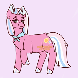 Size: 1280x1280 | Tagged: safe, artist:gxlds-doodles, derpibooru import, clear sky, pony, unicorn, chest fluff, ear fluff, ears, female, looking at you, mare, multicolored mane, multicolored tail, pink background, pink coat, raised hoof, raised leg, simple background, smiling, solo, watermark