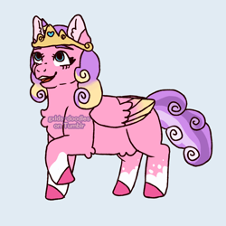 Size: 1280x1280 | Tagged: safe, artist:gxlds-doodles, derpibooru import, princess skyla, alicorn, pony, blue background, chest fluff, crown, ear fluff, ears, female, horn, jewelry, mare, multicolored mane, multicolored tail, pink coat, raised hoof, raised leg, regalia, simple background, smiling, solo, wings